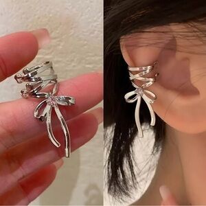 NEW Silver Ribbon Bow Ear Cuff Trendy Coquette Earring Accessory, Boho earrings